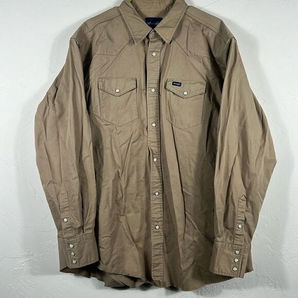 š„Vintage WRANGLER Western Thick Pearl SnapāTan āDenim Likeā Shirt 18.5-38 (2XL) - Picture 1 of 9